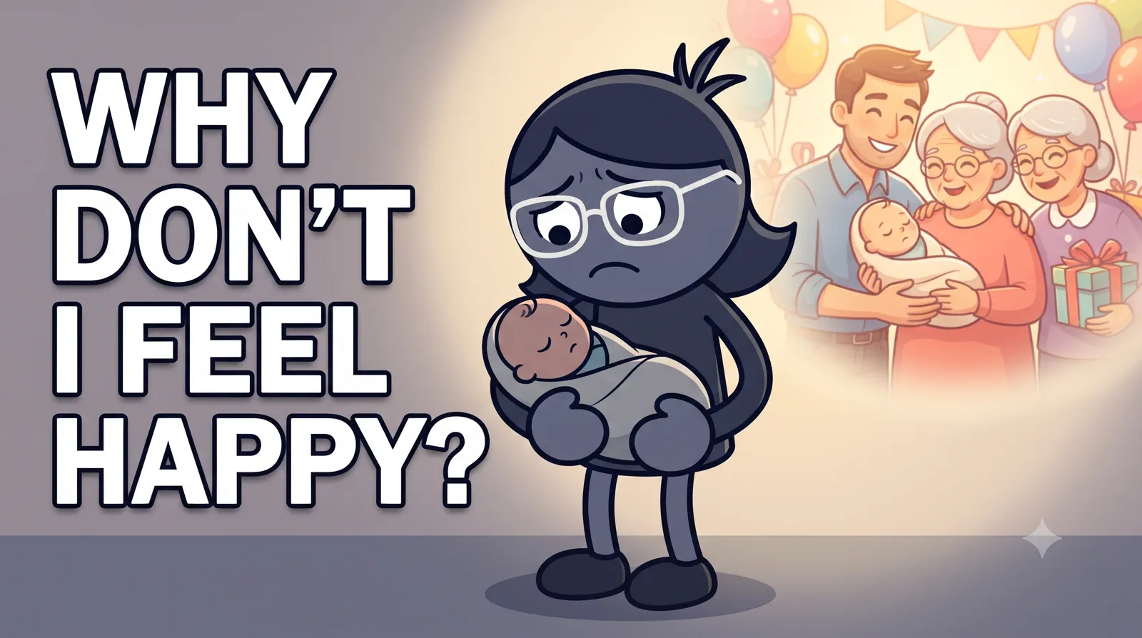 Illustration: a new mother holding her baby while everyone else celebrates — why don't I feel happy?